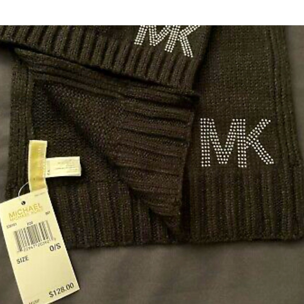 MICHAEL KORS 2 Pc Gift Set Knit Scarf & Hat /Beanie Black Silver Logo AUTHENTIC - Picture 2 of 6